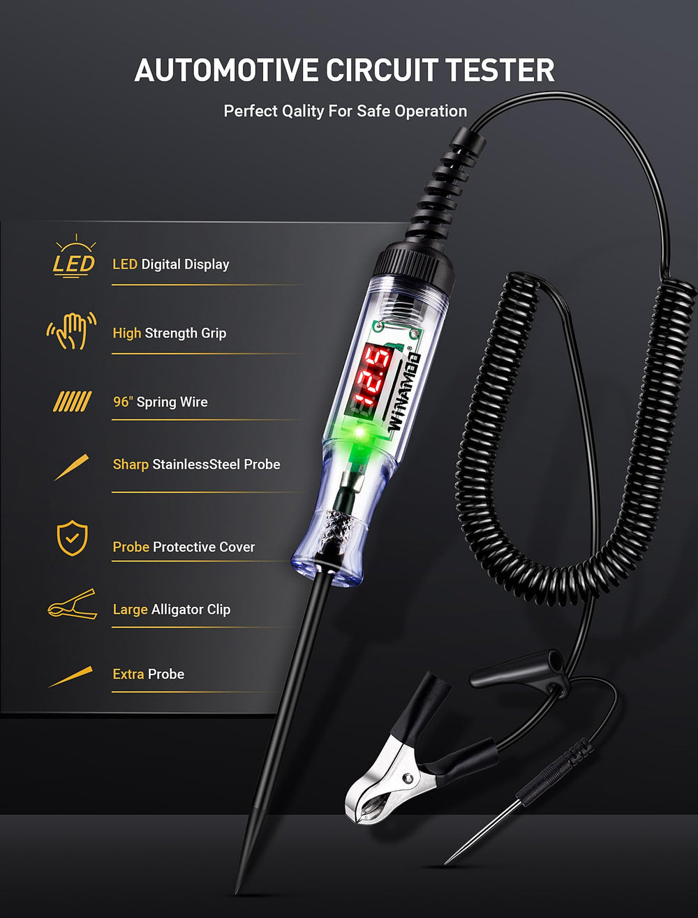 WINAMOO test light with large alligator clip for single-handed testing.