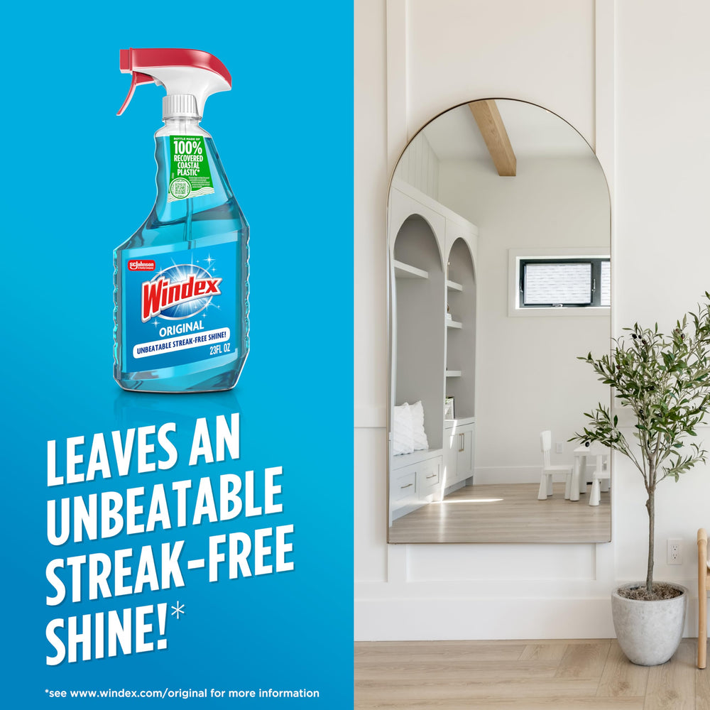 Windex bottle emphasizes 100% recovered coastal plastic packaging.