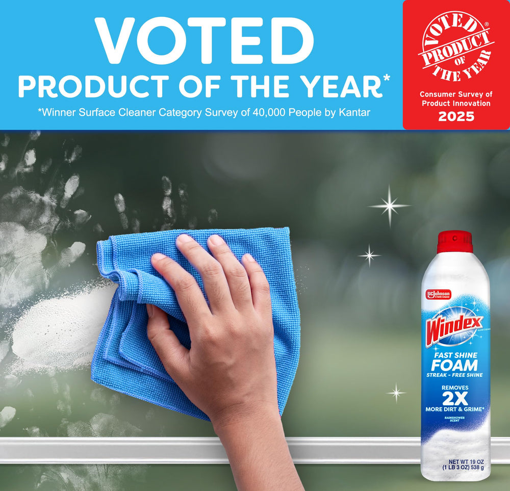 Windex Fast Shine Foam applied to glass and mirrors for a clear shine.