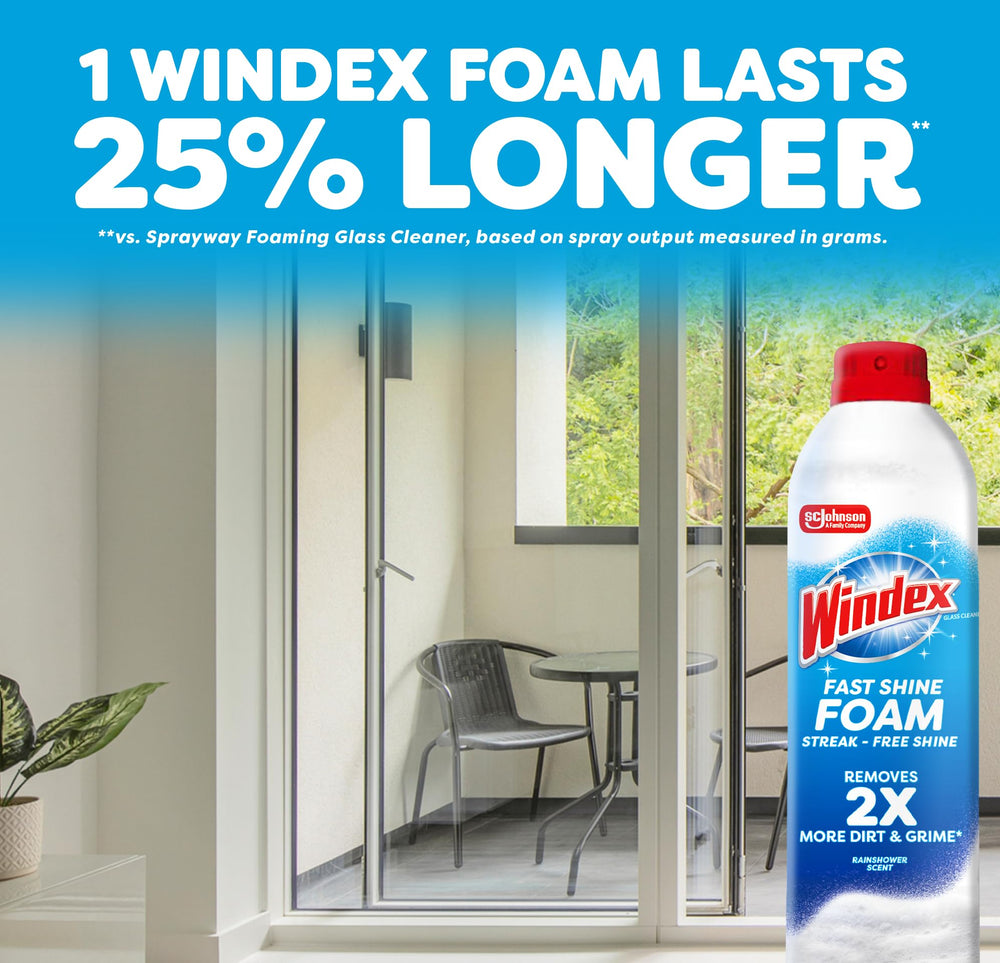 Windex Fast Shine Foam two-pack layout for bulk cleaning convenience.