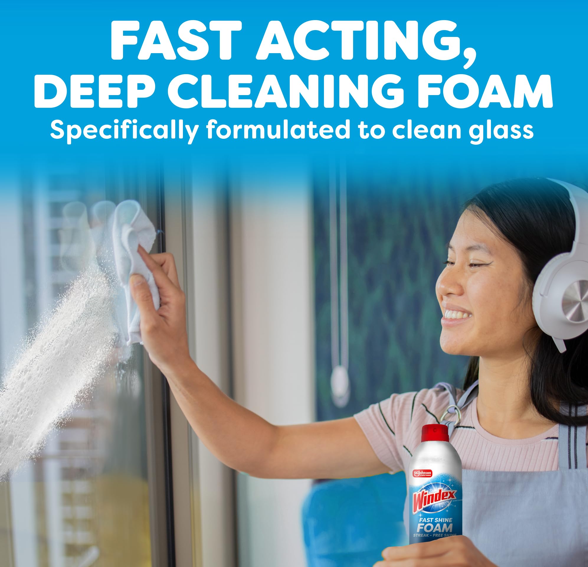 Windex Fast Shine Foam leaves a streak-free shine on glass surfaces.