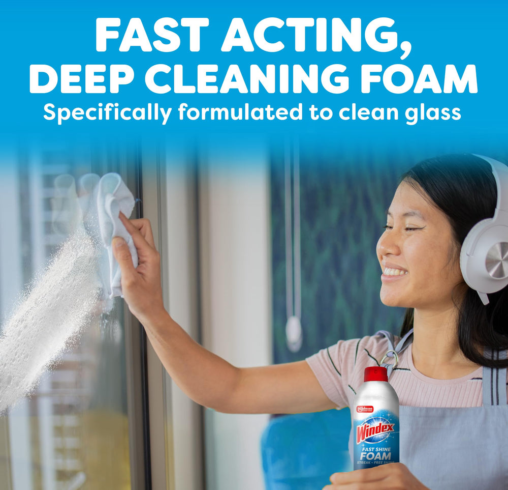 Windex Fast Shine Foam leaves a streak-free shine on glass surfaces.