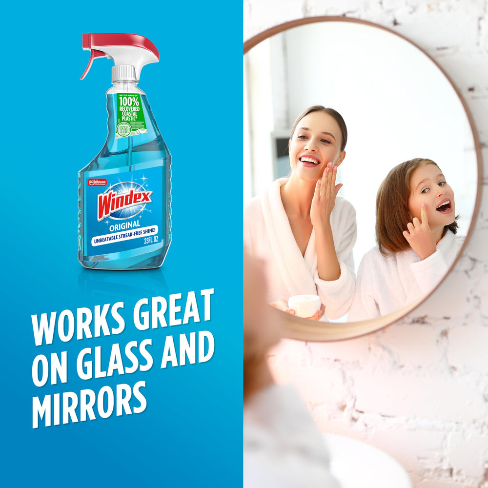 Windex glass surfaces cleaning on doors, windows, and tabletops.