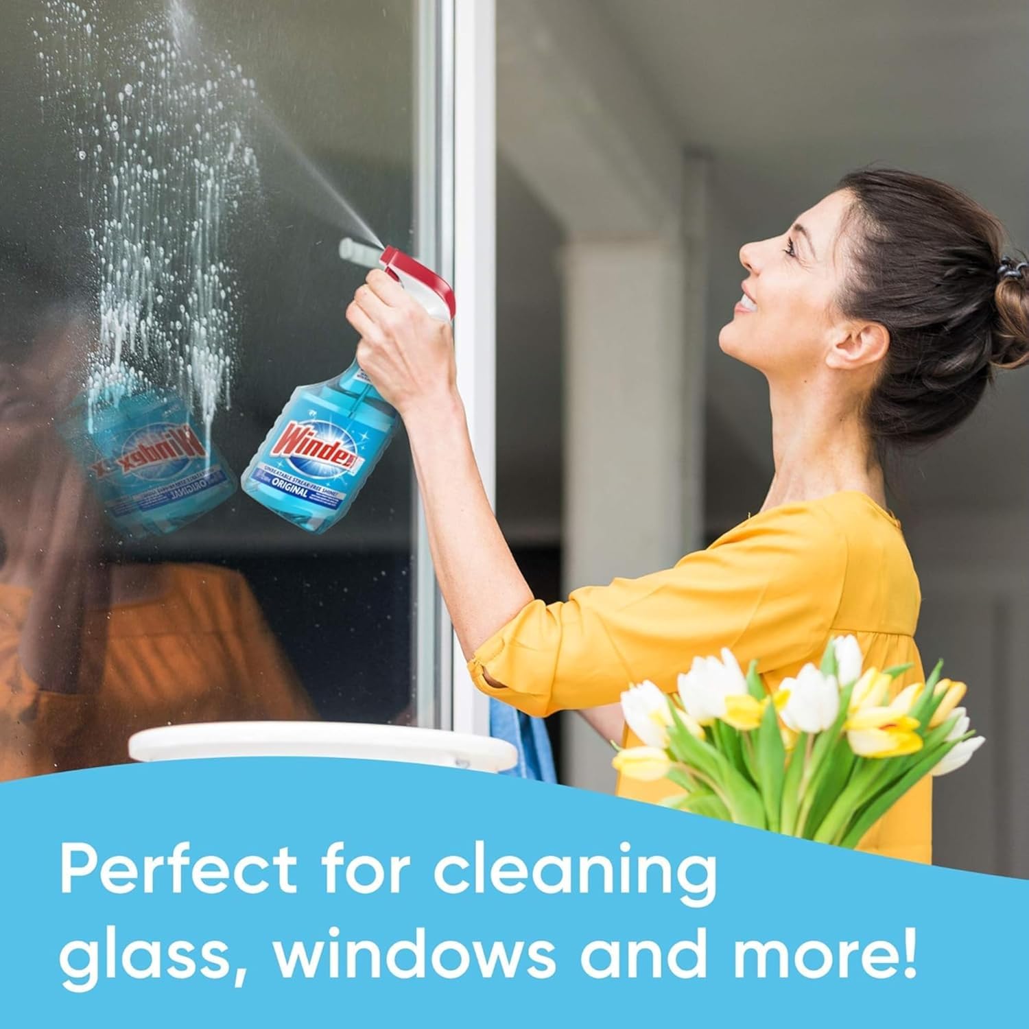Windex Original streak-free glass finish cleans windows and mirrors quickly