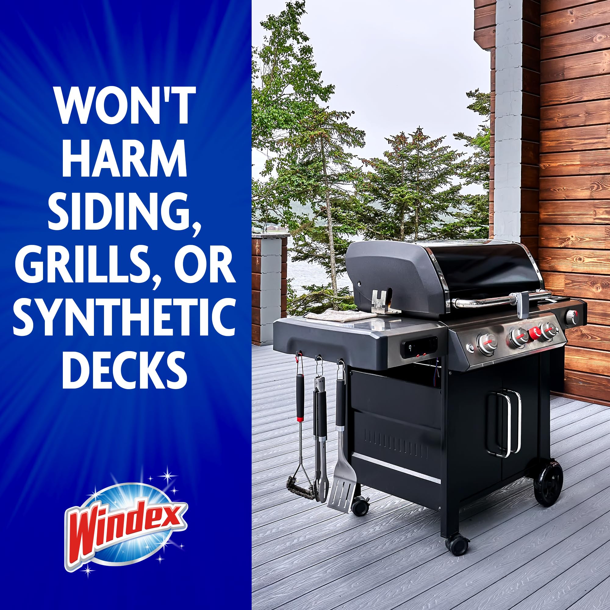Concentrated Windex cleaner tackles stubborn outdoor grime for deep cleaning.
