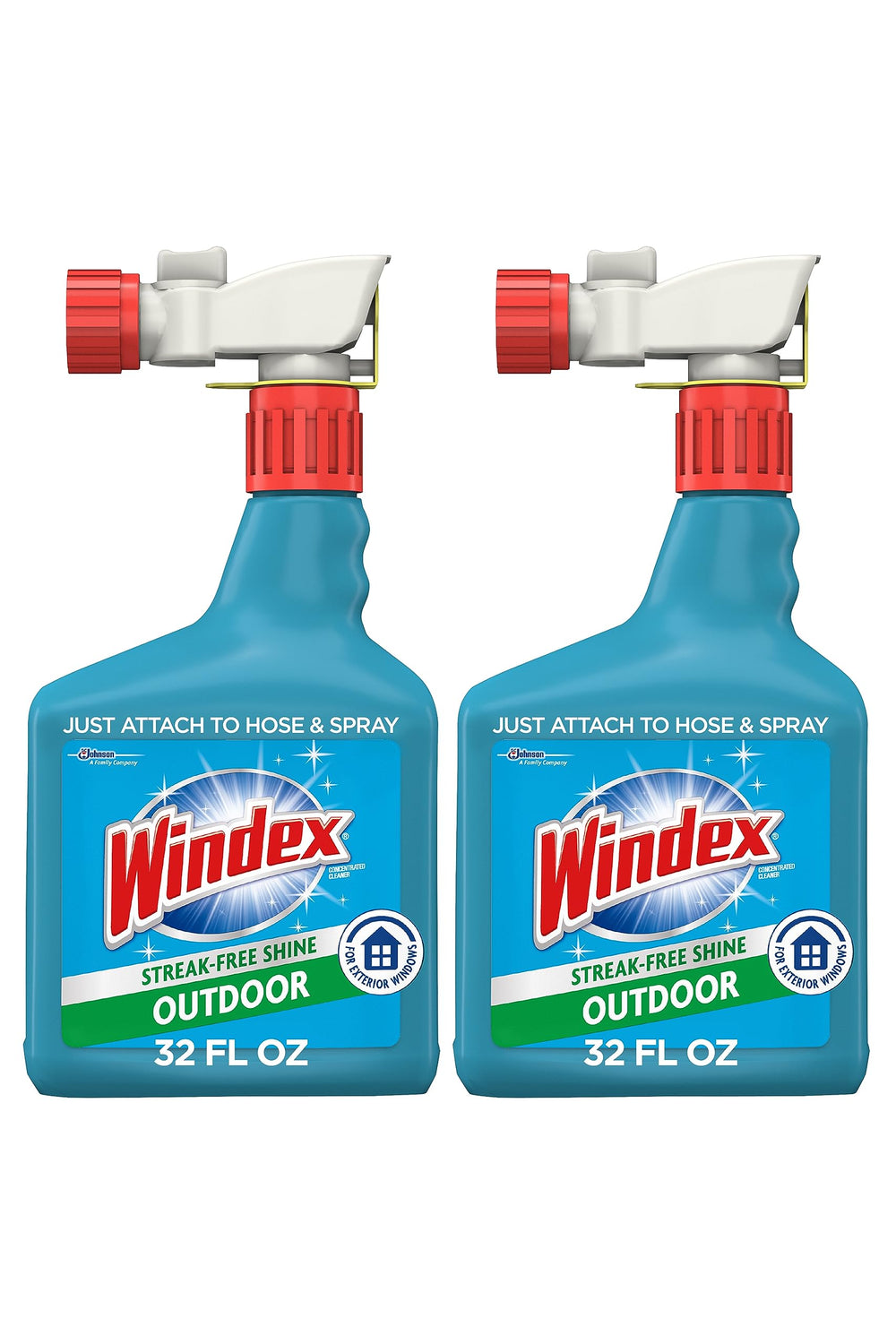 Windex Outdoor Window bottle with hose attachment for quick exterior cleaning.