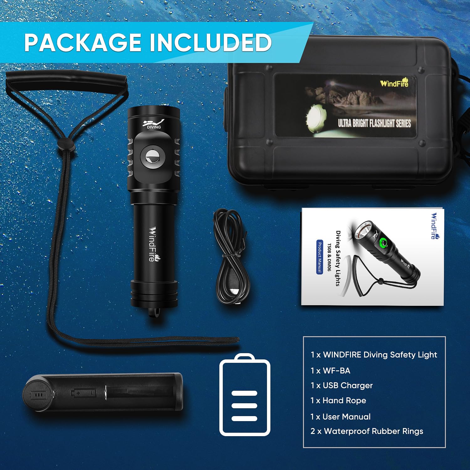 WINDFIRE TS08 versatile dive light for scuba, snorkeling, and emergencies.