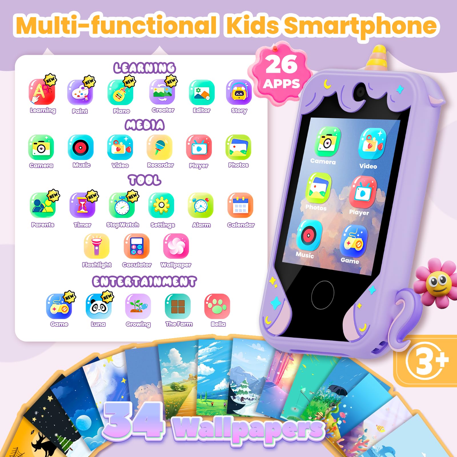 Windpaint Kids Phone Purple back view highlighting the durable silicone case