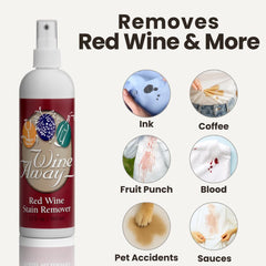 Wine Away stain remover on fabric lifting red wine stains efficiently.