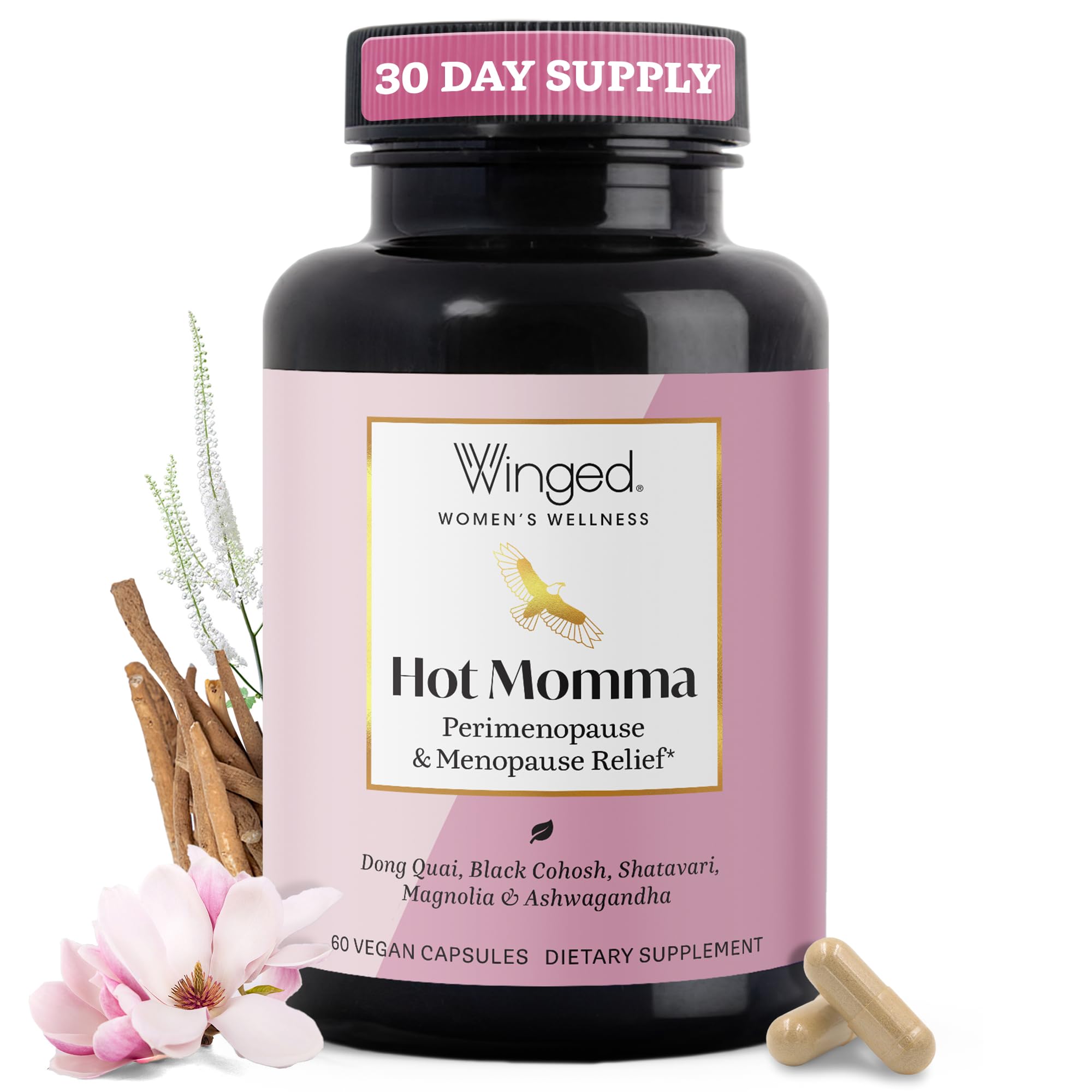 Winged Wellness Hot Momma bottle on a clean surface signaling convenient menopause support