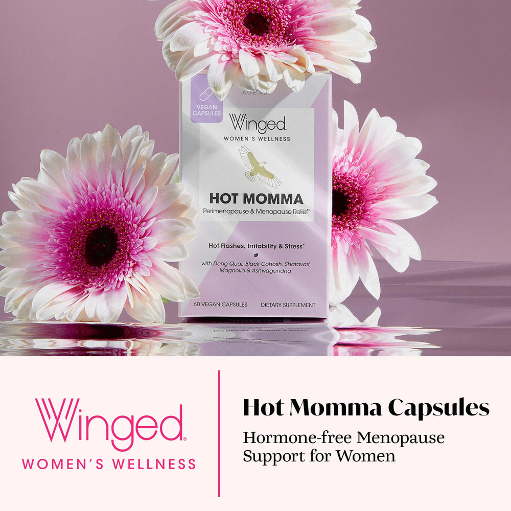 Close-up of Winged Wellness Hot Momma capsules for easy daily dosing