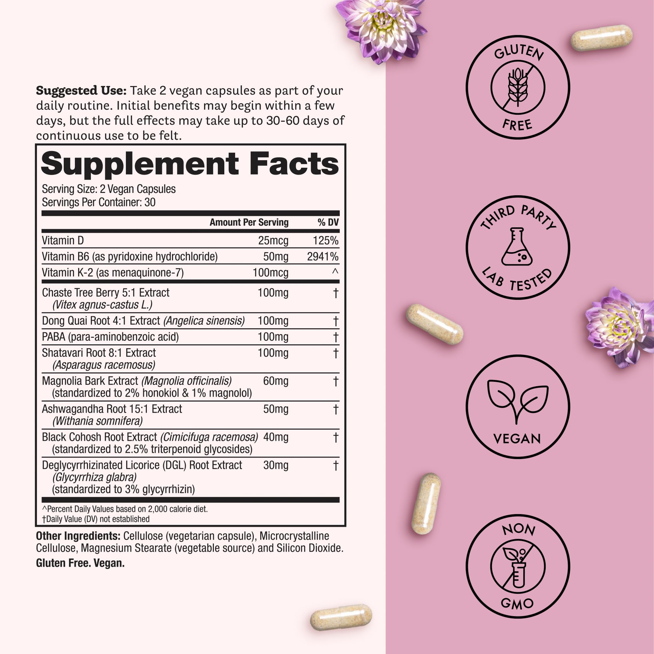 Winged Wellness Hot Momma ingredients chart with chaste tree and shatavari balance