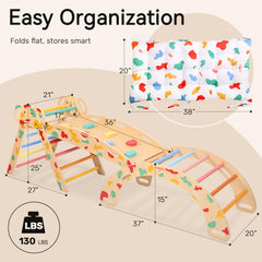 WINGYZ Pikler rainbow foldable design shown folded near bed for space-saving storage.