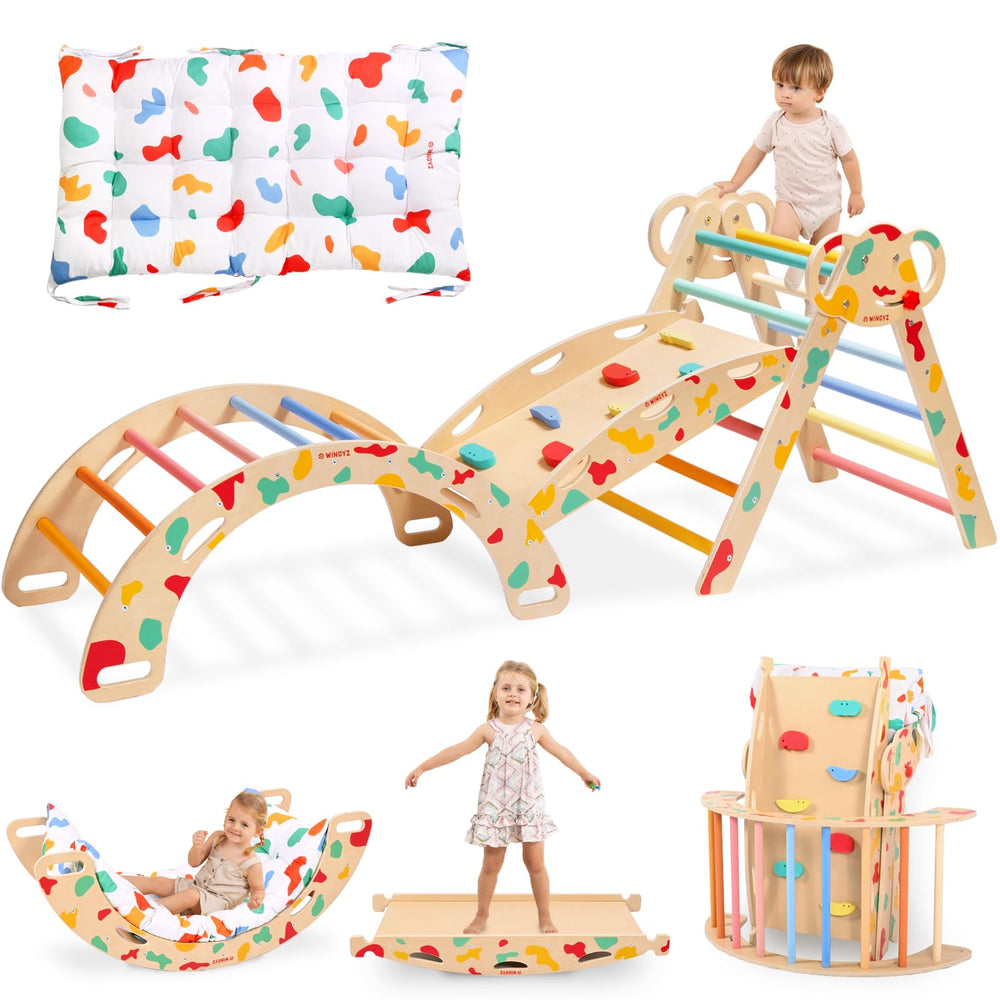 WINGYZ Pikler triangle Rainbow assembly in a bright playroom for imaginative climbing play.