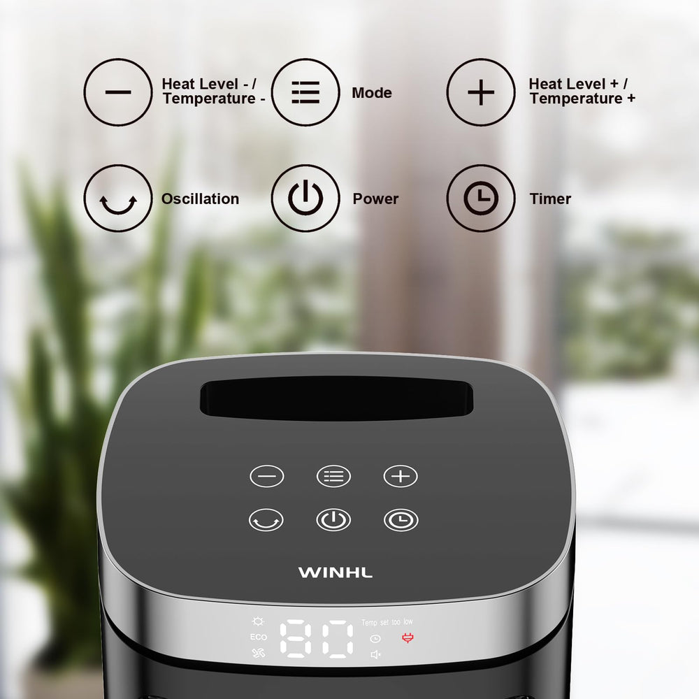 WINHL space heater remote control for convenient temperature adjustments from across the room.