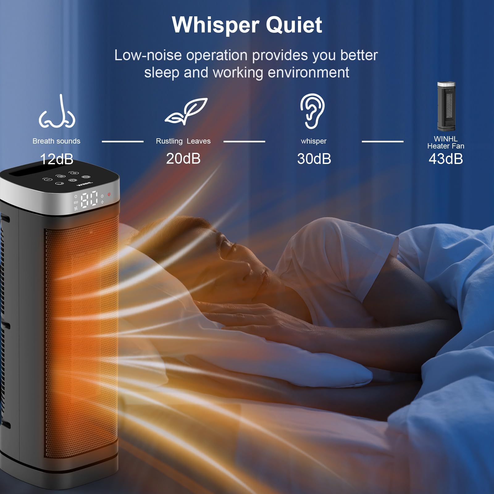 WINHL space heater 12-hour timer enables scheduled warmth.