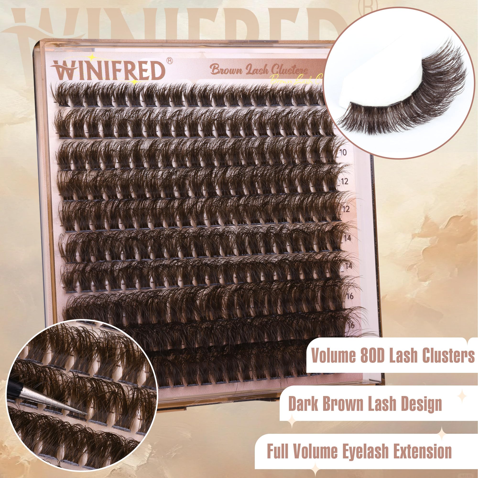 Winifred 80D brown lash clusters deliver wispy volume with lightweight feel.