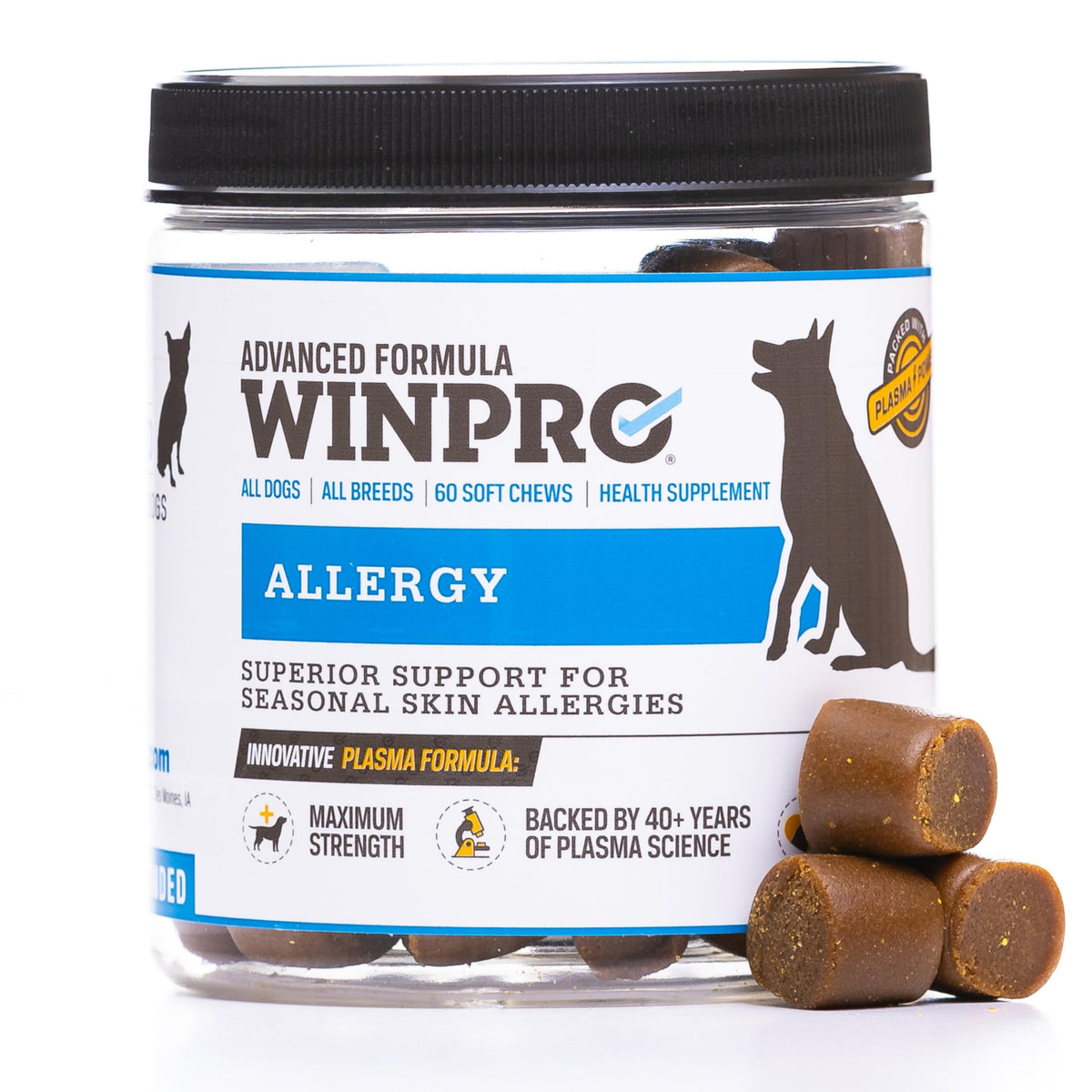 WINPRO Allergy Chews bottle highlighting a grain-free formula for seasonal skin support