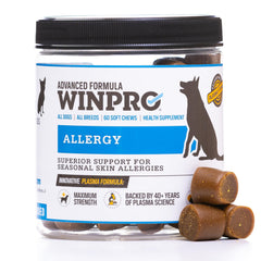 WINPRO Allergy Chews bottle highlighting a grain-free formula for seasonal skin support