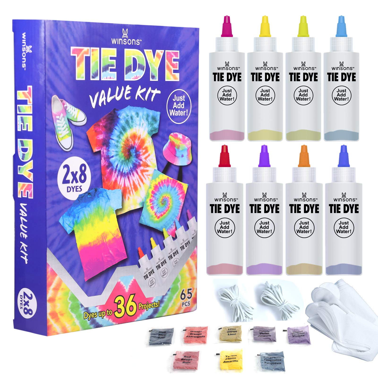 WINSONS Tie Dye Kit contents displayed for easy DIY color projects.