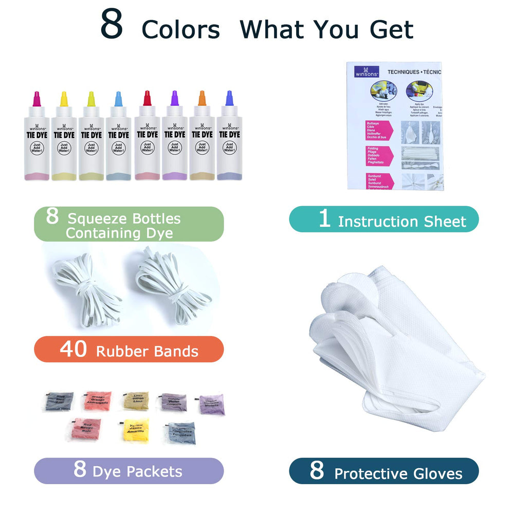 WINSONS Tie Dye Kit dye bottles arranged for bright, long-lasting hues.