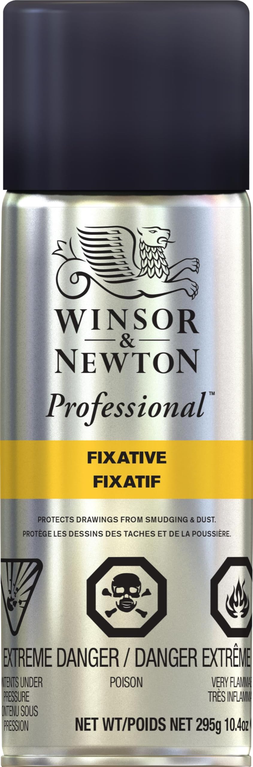 Winsor & Newton Professional Fixative Spray bottle preventing smudging on charcoal drawings.
