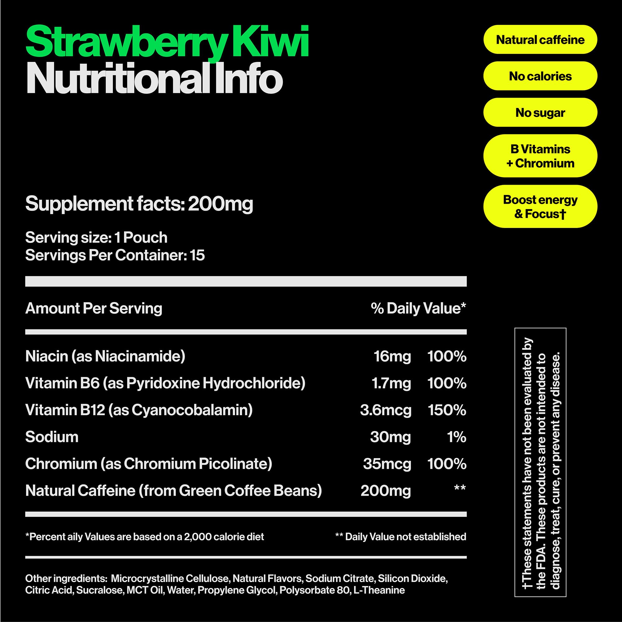 Wip Energy Pouches close-up ingredients, B vitamins and natural caffeine highlighted.