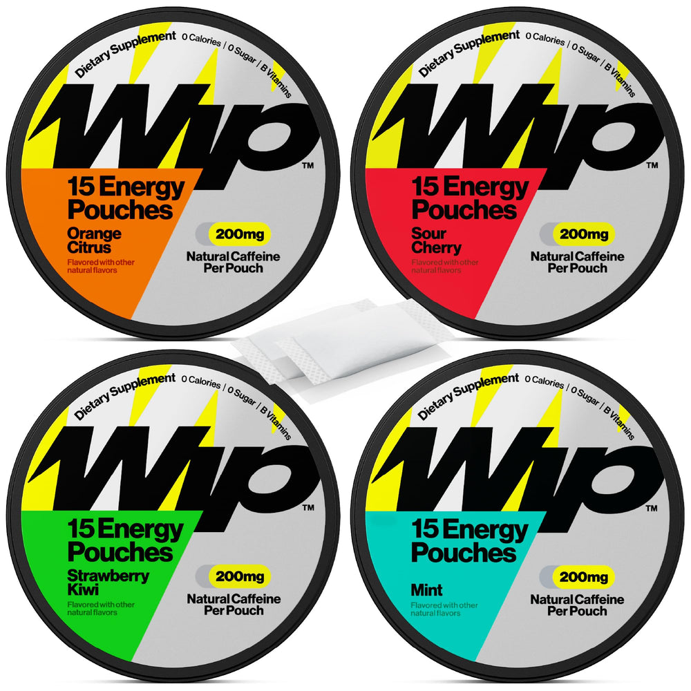 Wip Energy Pouches variety pack shown, convenient on-the-go energy for busy days.