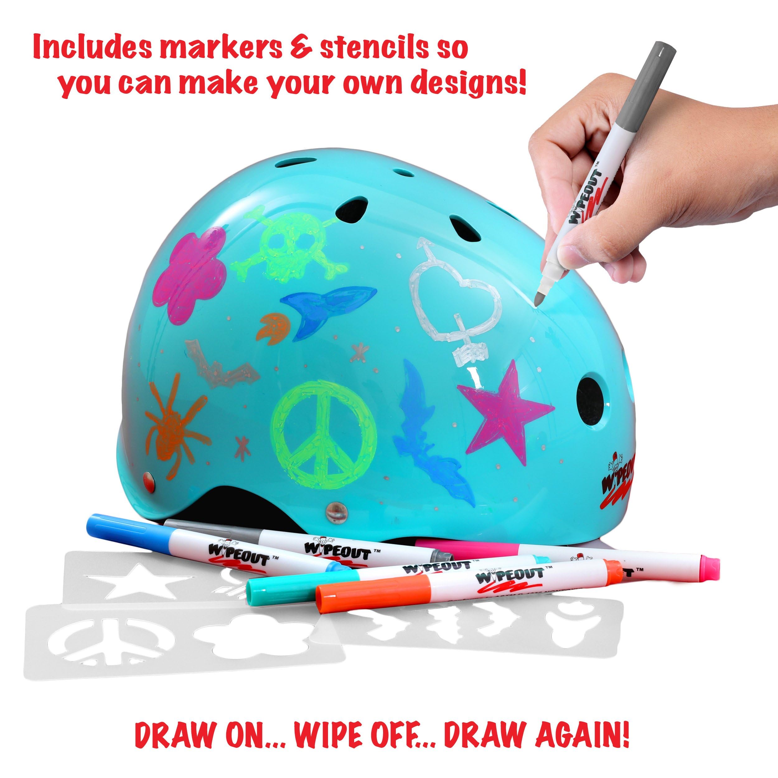 Wipeout dry erase helmet teal design and markers enable quick on-the-go customization