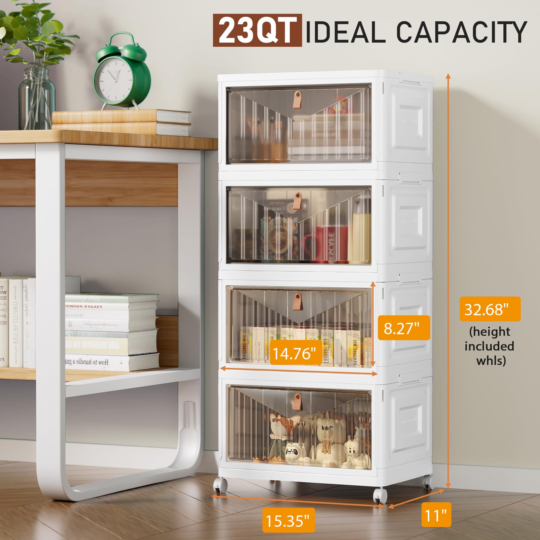 Wise Oannes 4-tier storage bins wheels side view showing mobility in a dorm