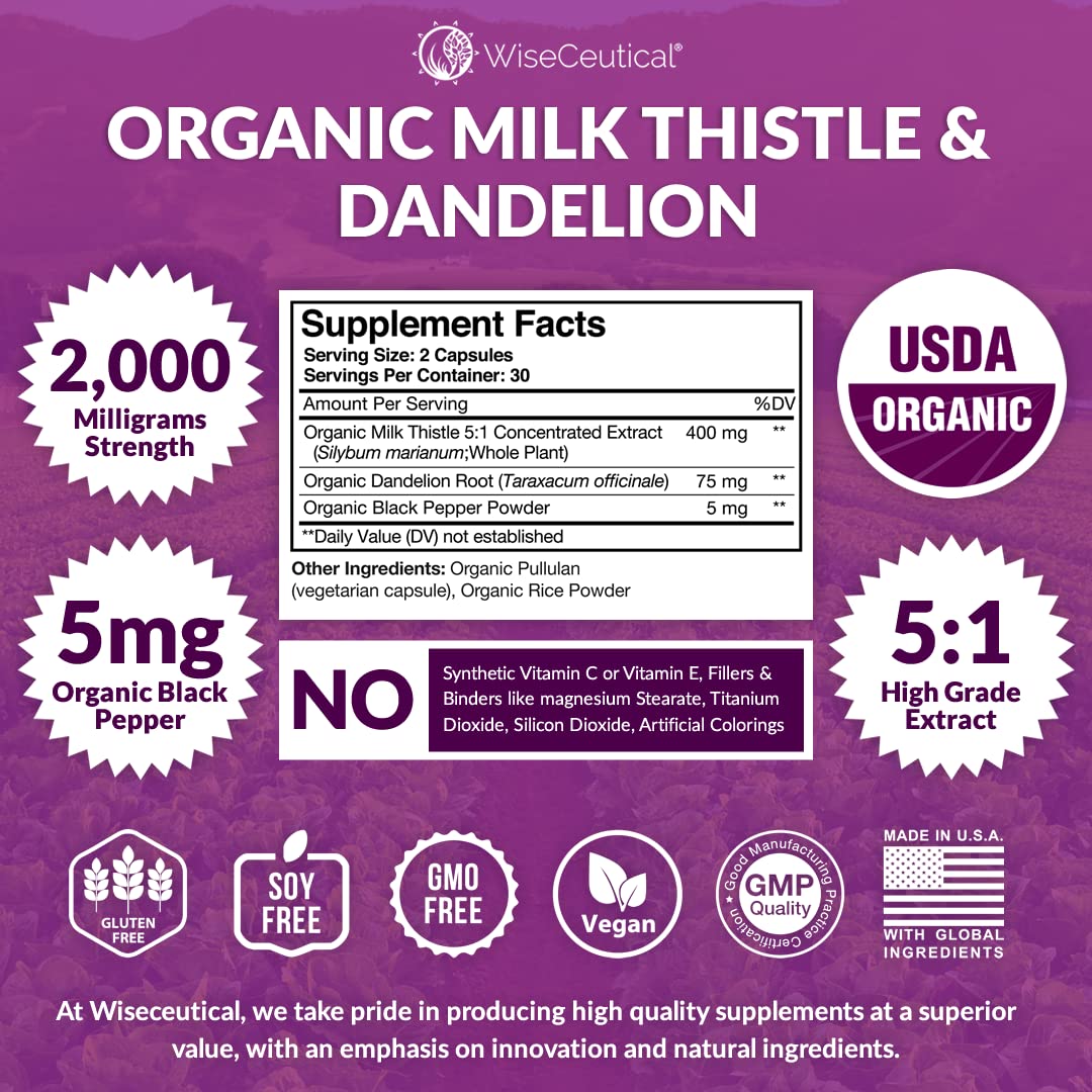 Wiseceutical milk thistle and dandelion root capsules close-up for daily wellness routine.