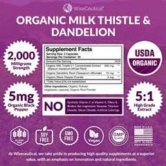 Wiseceutical milk thistle and dandelion root capsules close-up for daily wellness routine.