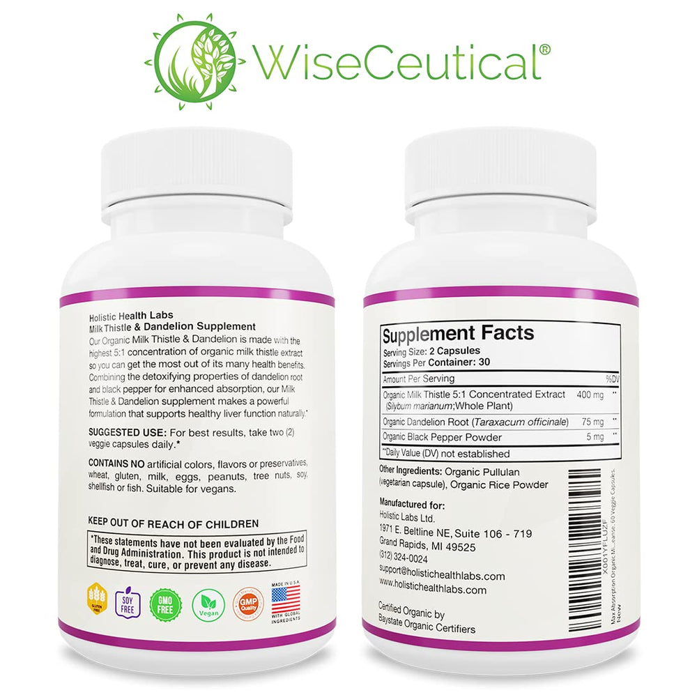 Wiseceutical organic dandelion root packaging highlights USDA Organic certification.