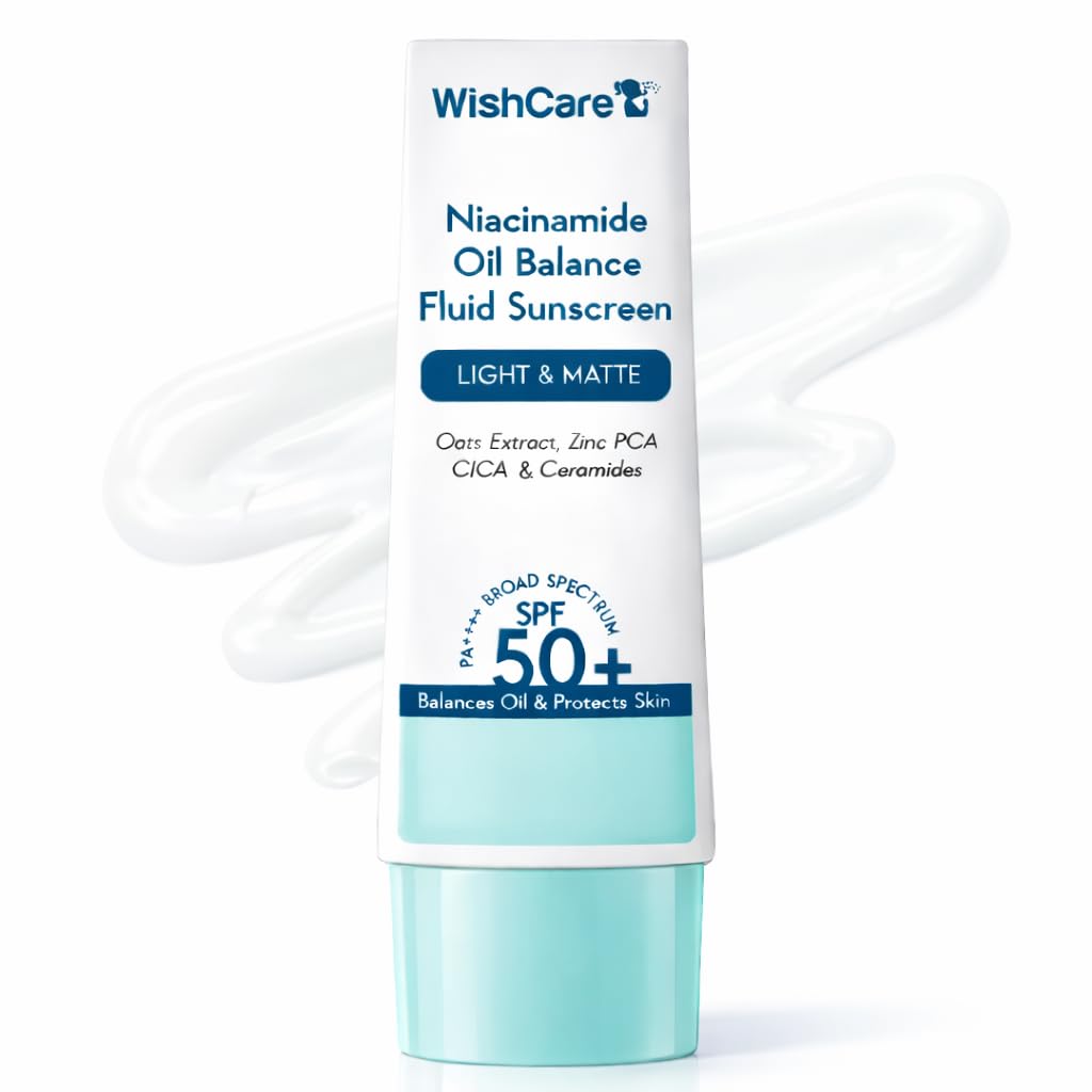 WishCare Niacinamide Oil Balance Fluid Sunscreen bottle with matte finish for oil control.