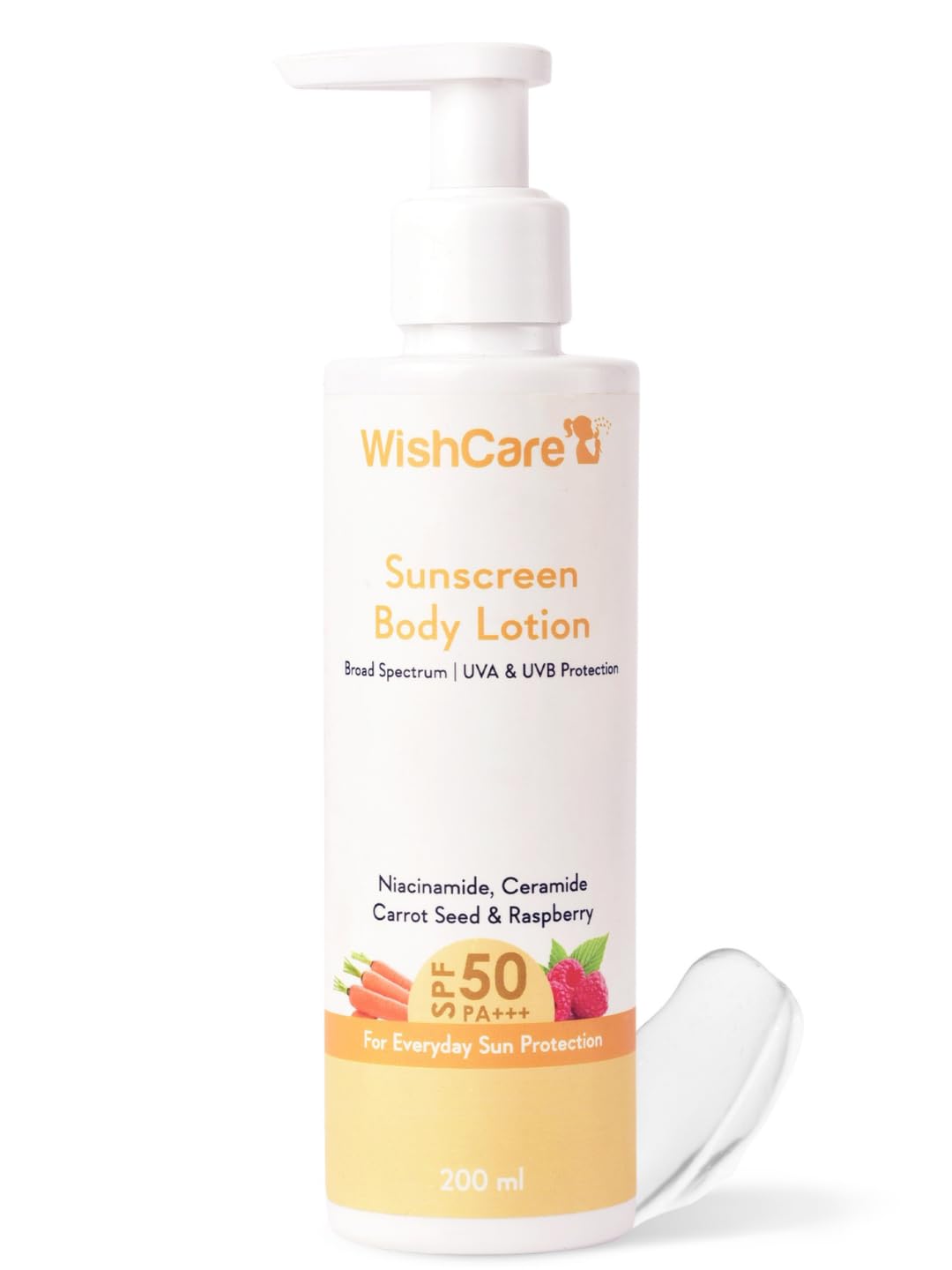 WishCare Sunscreen Body Lotion bottle front showing SPF 50 protection for daily use