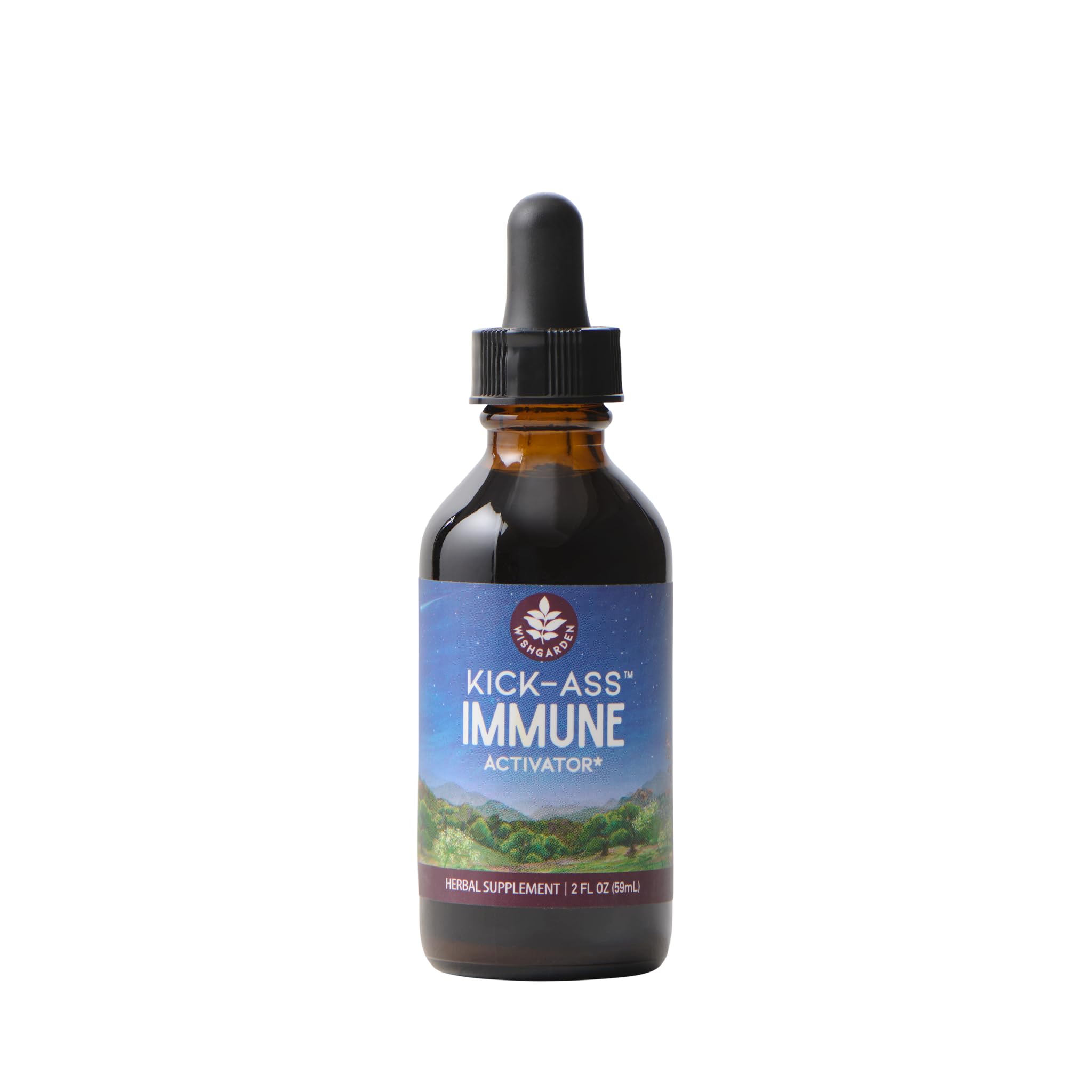 WishGarden Kick-Ass Immune bottle in focus, vegan herbal immunity support.