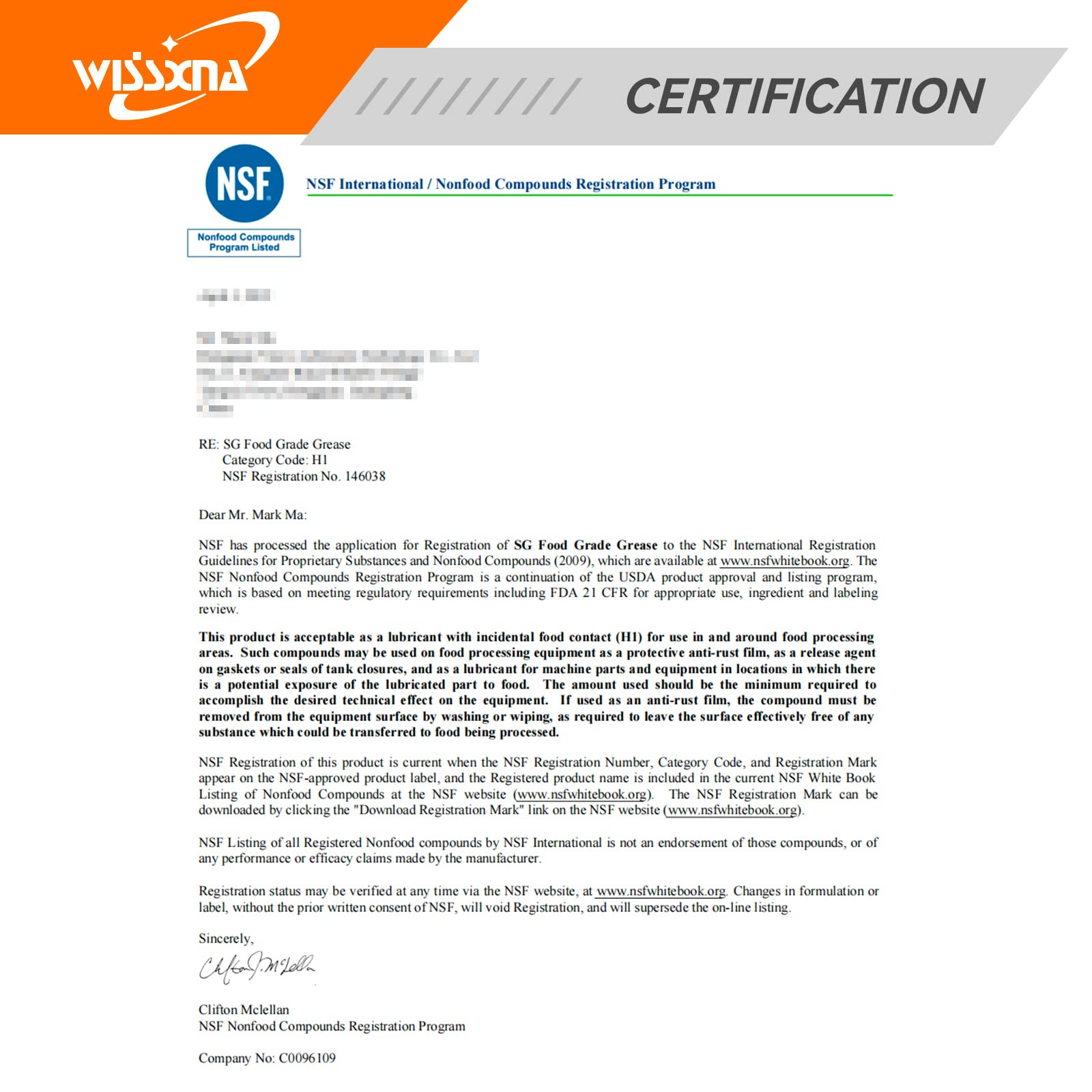 Wissxna silicone grease close-up label confirms food-grade dielectric properties for safe equipment.