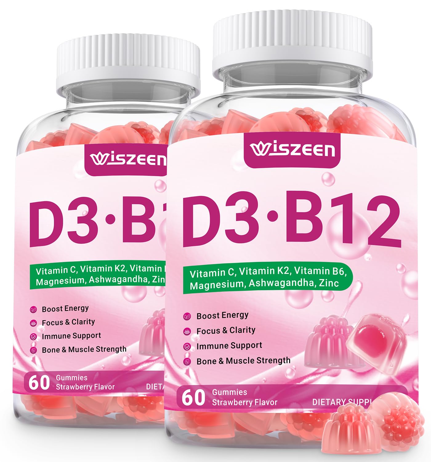 Wiszeen D3 B12 gummies bottle close-up highlighting energy support