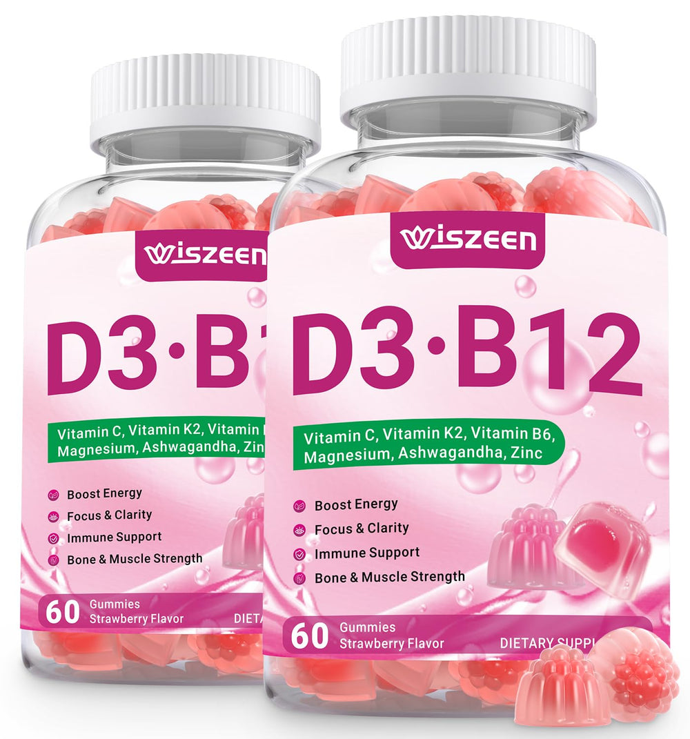 Wiszeen D3 B12 gummies bottle close-up highlighting energy support