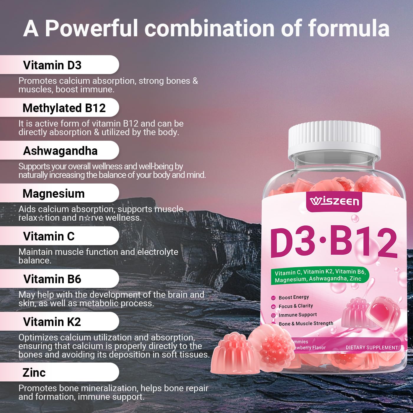 Wiszeen D3 B12 gummies on plate, vegan and sugar-free
