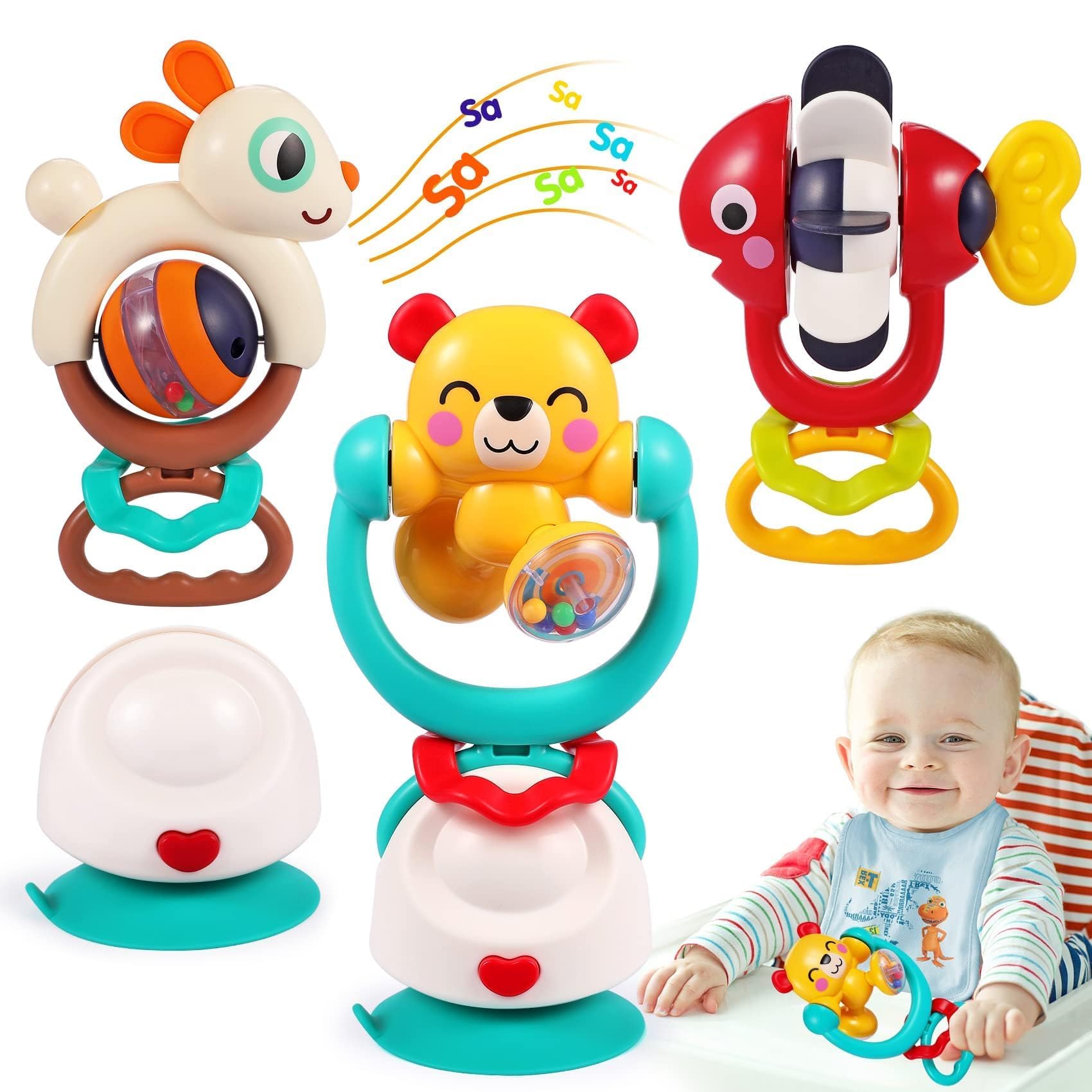 WITALENT 3-piece baby toy set with high chair suction rattle for meals.