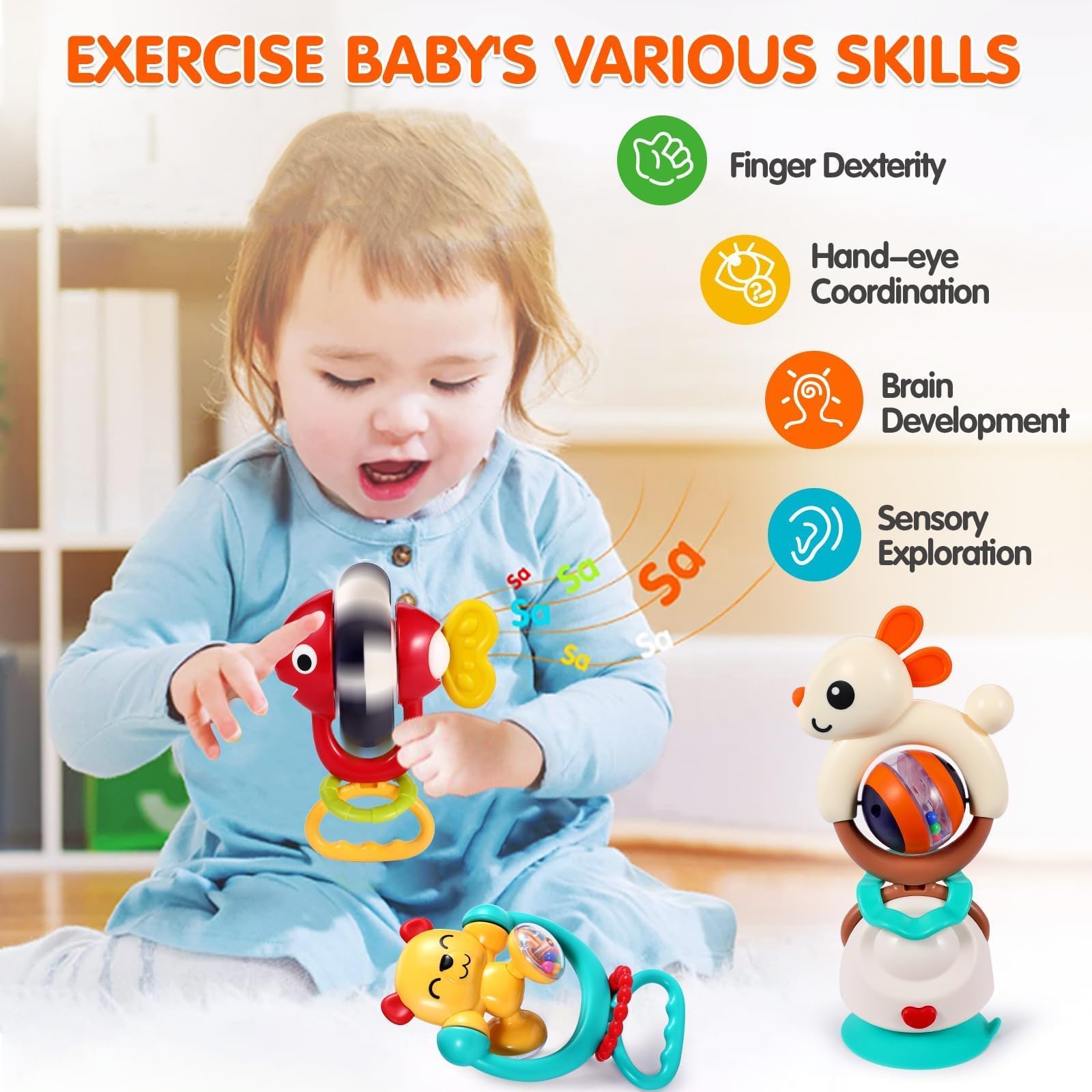 WITALENT colorful animal designs stimulate visual and auditory play.