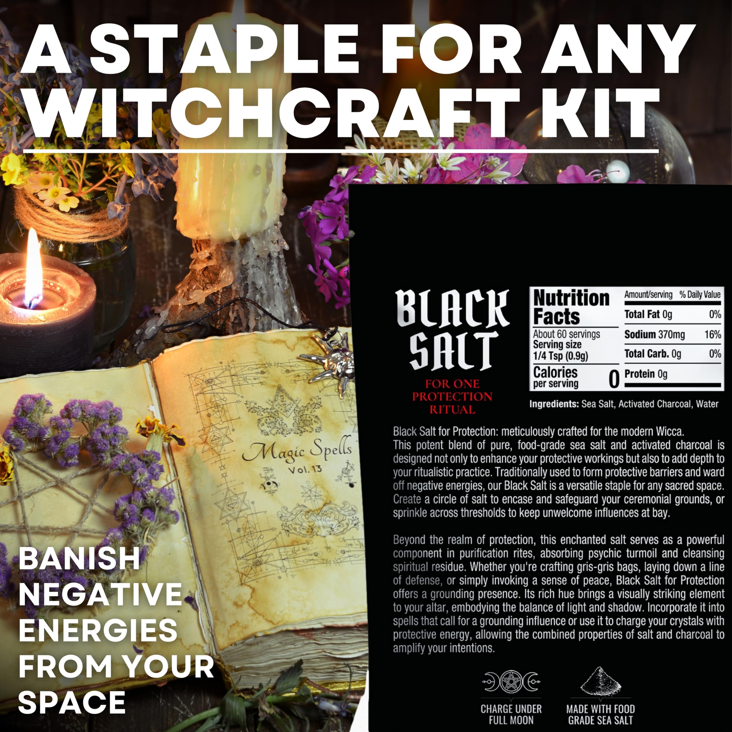 Witches & Wiccan black salt closeup reveals dark crystals ideal for wards.