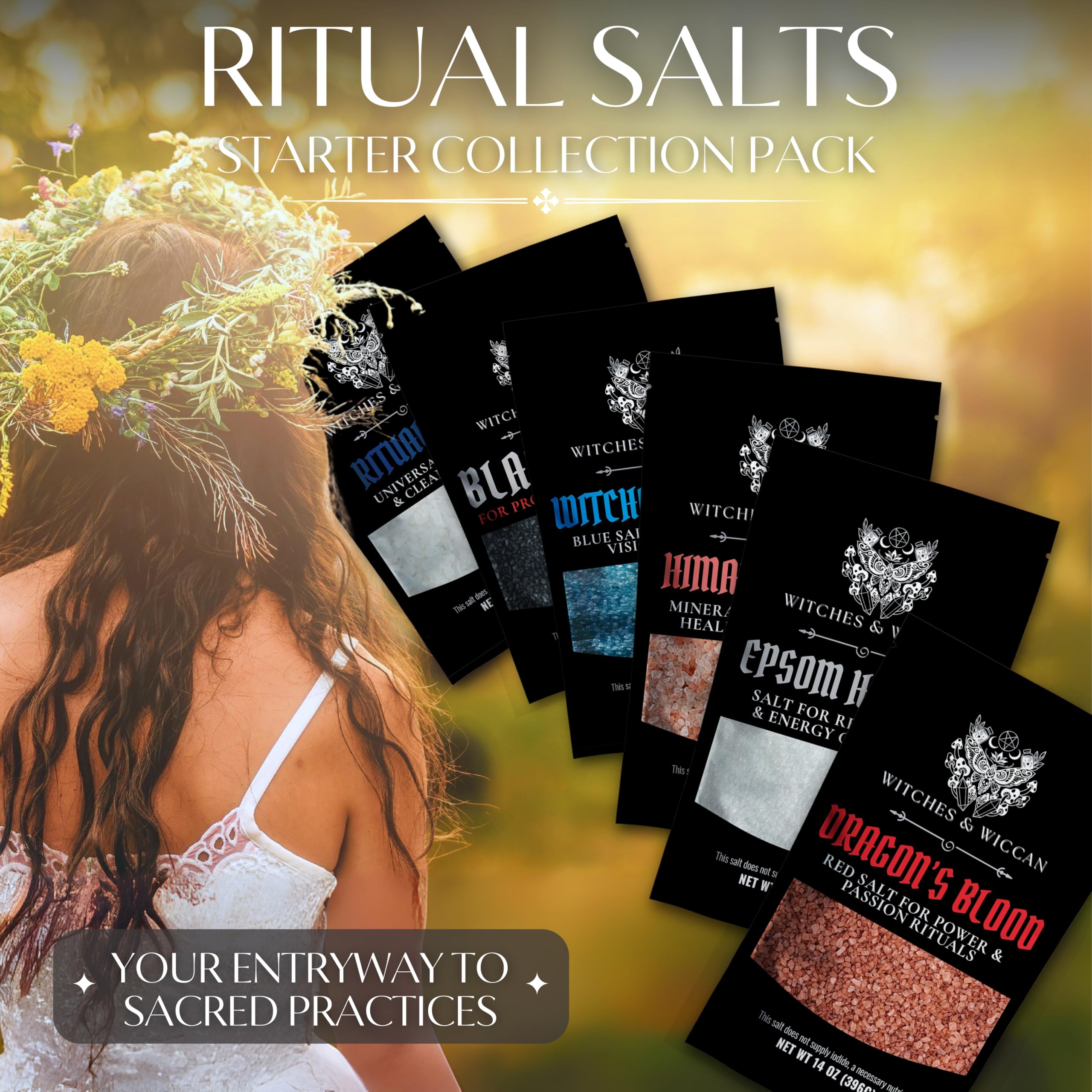 Witches & Wiccan natural ingredients label emphasizes all-natural protection ritual prep.