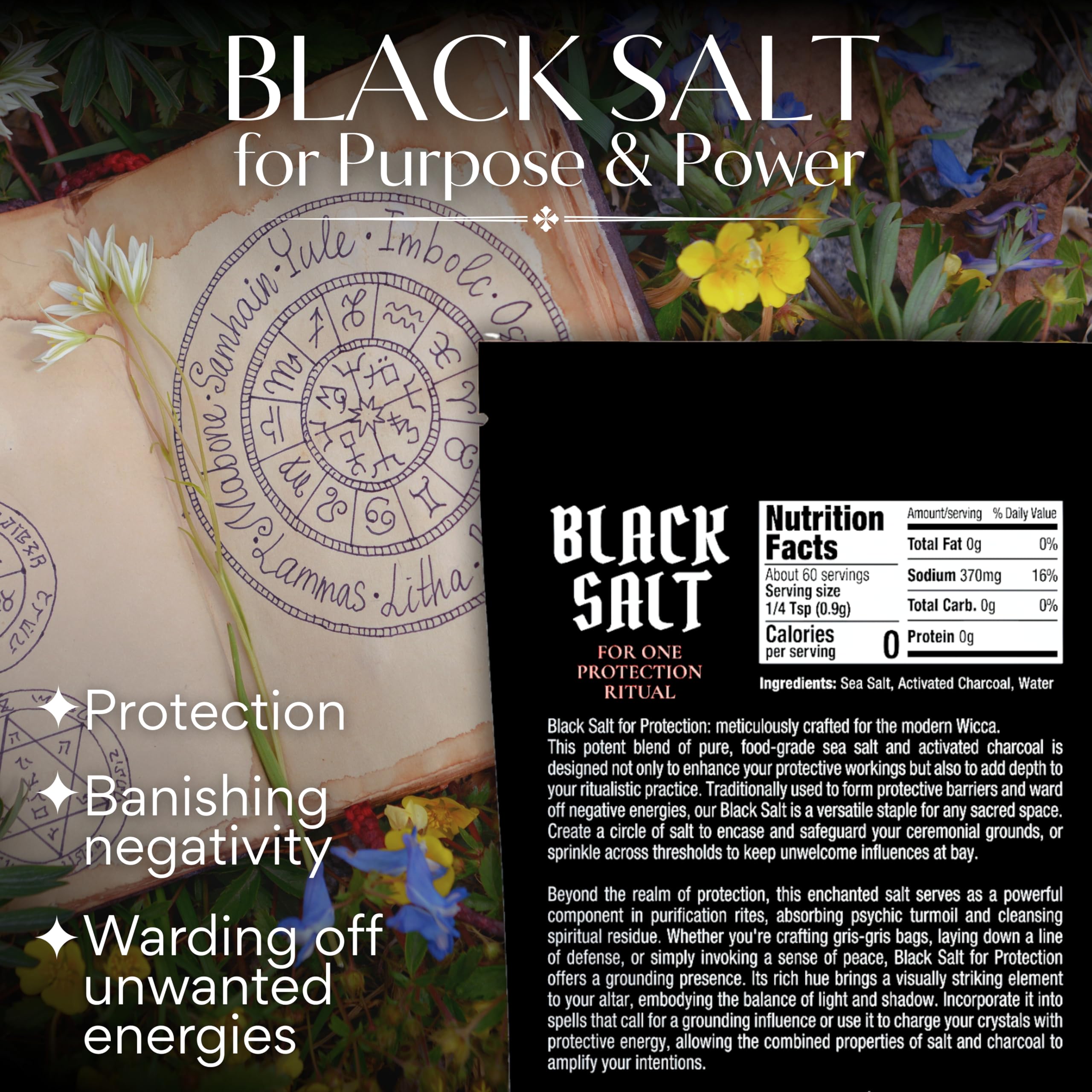Witches & Wiccan protection ritual scene using black salt to define boundaries.