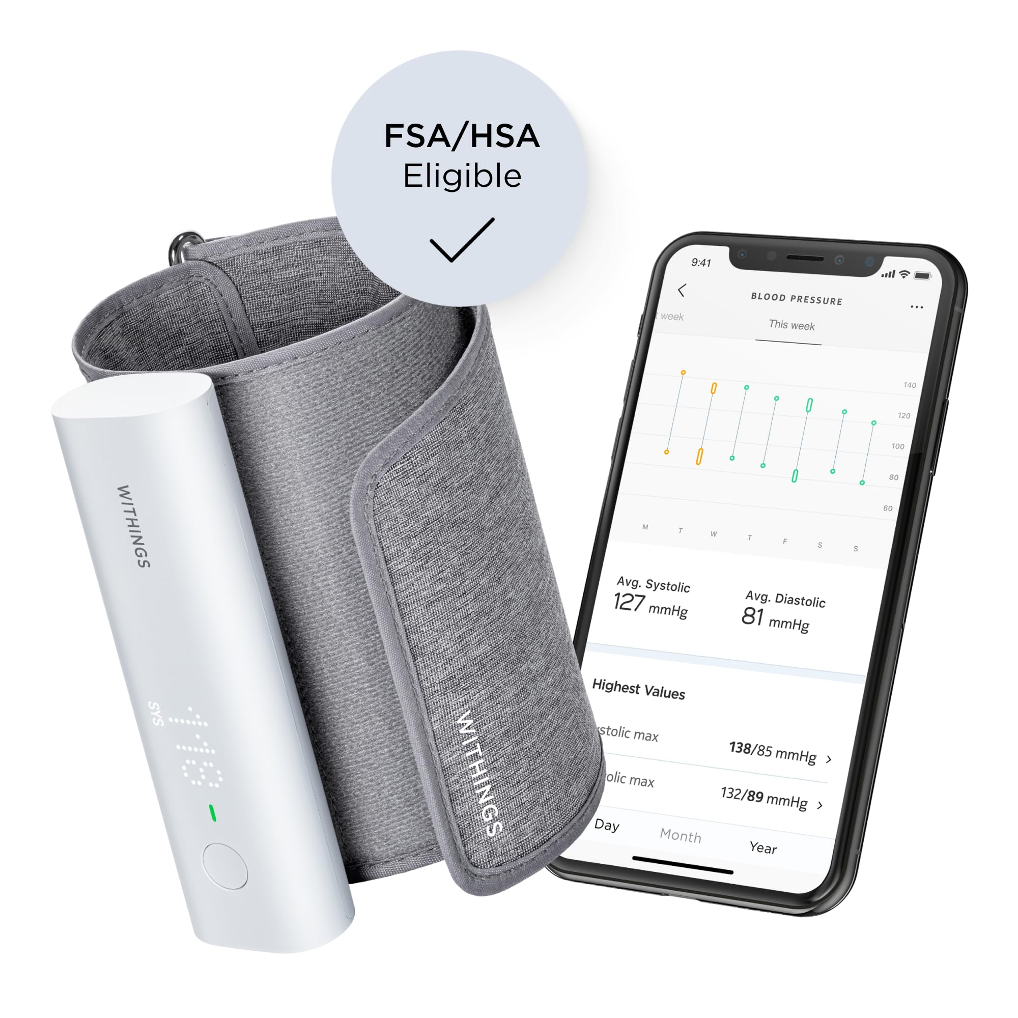 Withings BPM Connect arm cuff reading for at-home measurements.