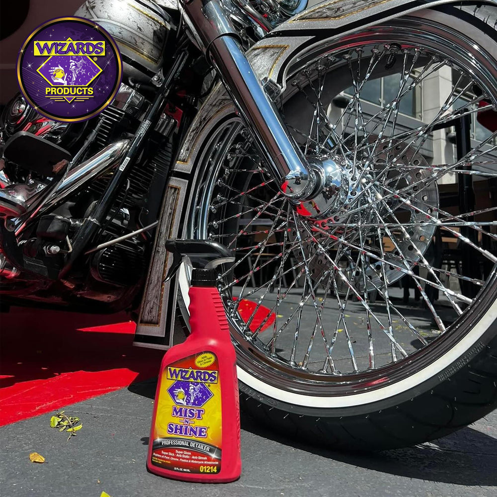 Wizards Mist-N-Shine used for rinseless wash without water mess.
