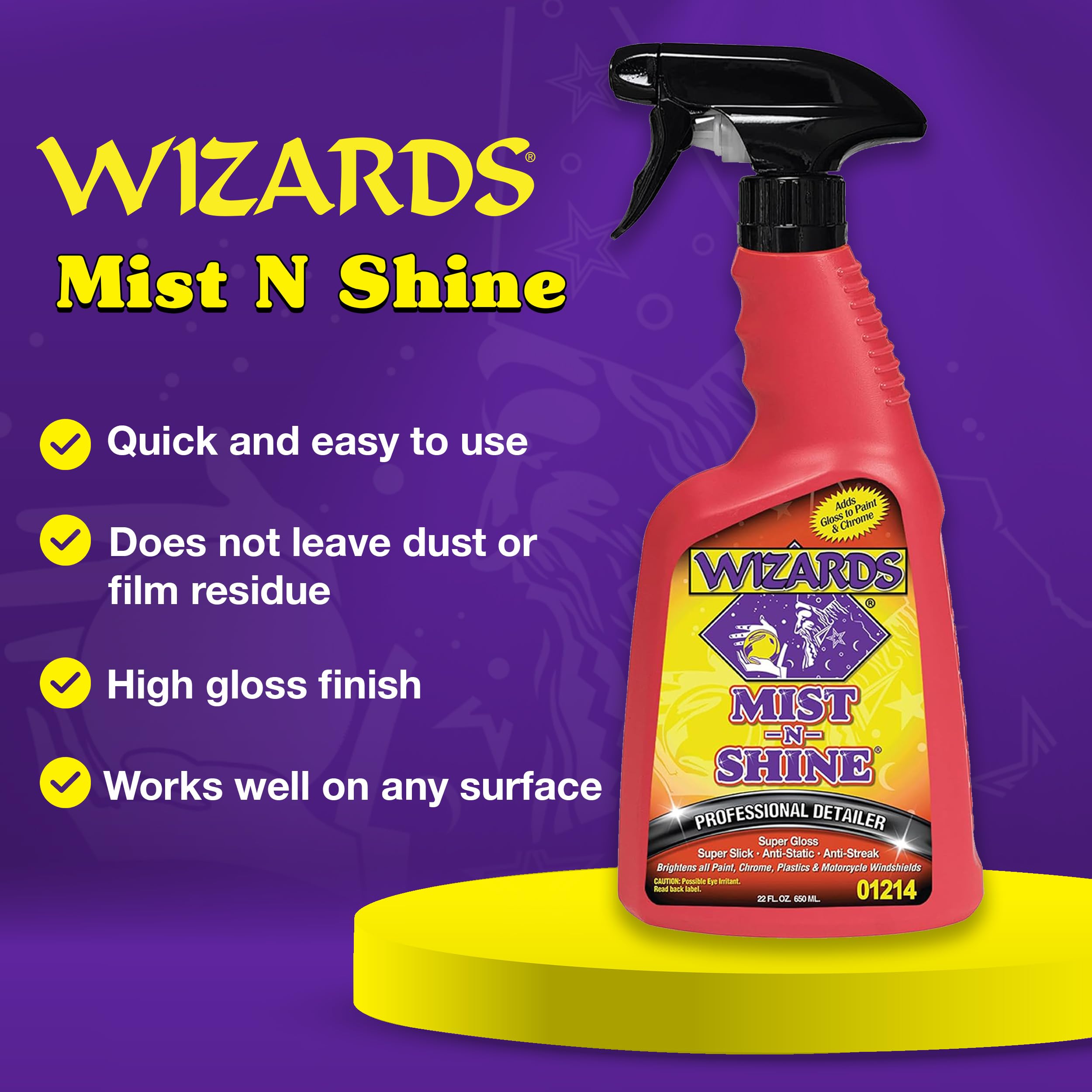 Action shot of Wizards Mist-N-Shine spray delivering fast, streak-free results.