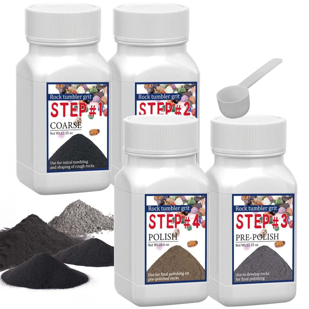 WKTURN rock tumbler grit coarse bottle aiding initial shaping of rough stones.