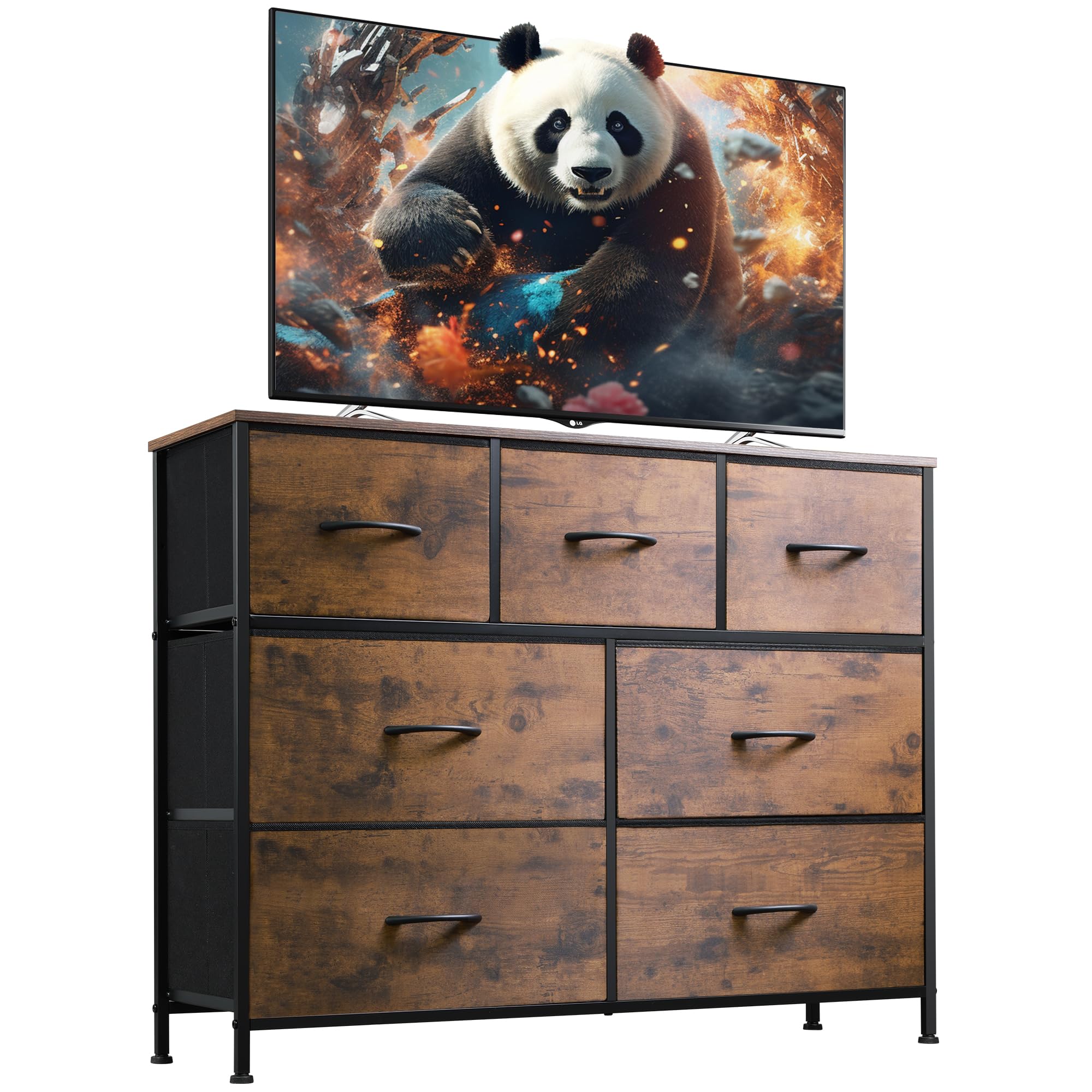WLIVE 7-drawer dresser with rustic brown wood top, doubles as TV stand and storage.